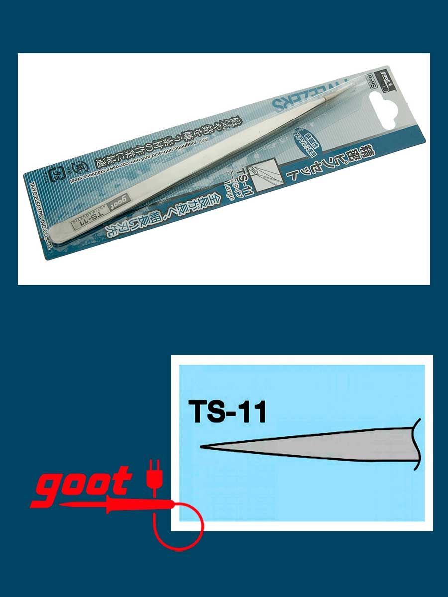 Пинцет GOOT TS-11 тонкий, удлинен антимагнитный Япония (Пинцет прямой Goot TS-11 длинный из нержавеющей стали, острый, тонкий, антимагнитный, для пайки, ремонта, рукоделия и мелких работ, Япония)